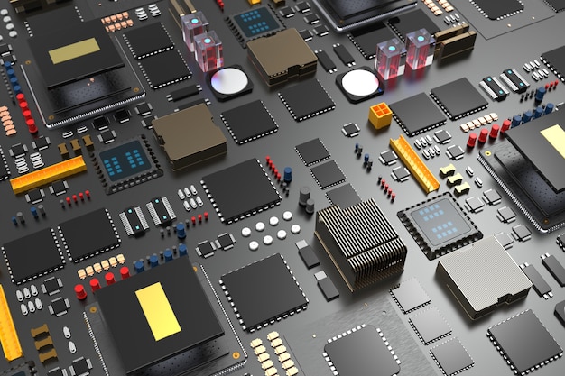 Placa de circuito impreso con microchips, procesadores y otras partes de la computadora.