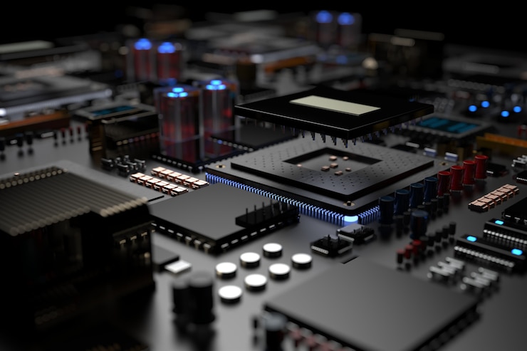 Foto placa de circuito impreso con microchips, procesadores y otras partes de la computadora.