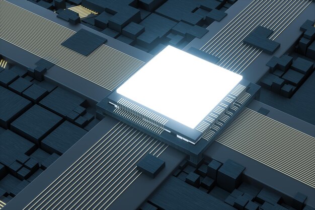 Placa de circuito y líneas electrónicas representación 3d de fondo