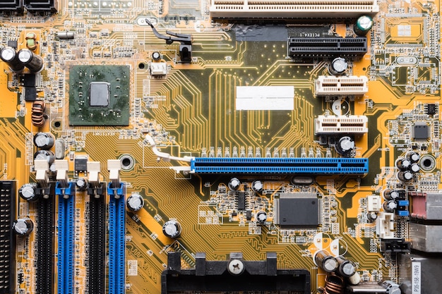 Placa de circuito del ordenador, fondo de tecnología electrónica.