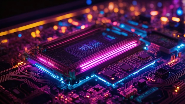 Placa de circuito y procesador con luz de neón brillante
