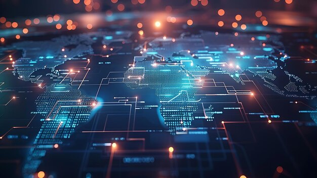 Una placa de circuitos azul brillante en forma de mapa del mundo El fondo es oscuro con luces naranjas brillantes