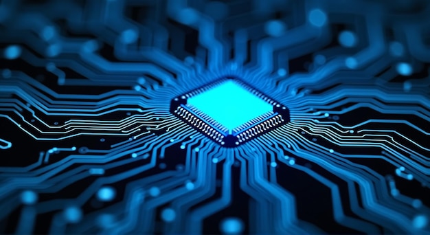 una placa de circuitos azul con un fondo azul con un cuadrado azul en la parte inferior