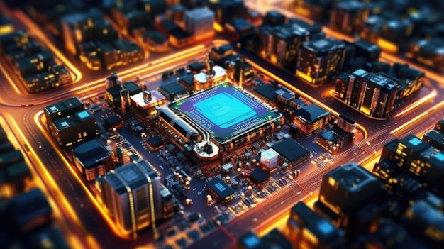 Foto placa de circuitos chips de procesador semiconductor colorida ciudad inteligente hermosa ia generativa aig32
