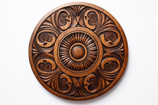 Una placa circular de madera con un diseño.