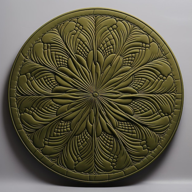 Placa circular verde com renderização detalhada de penas e textura tangível