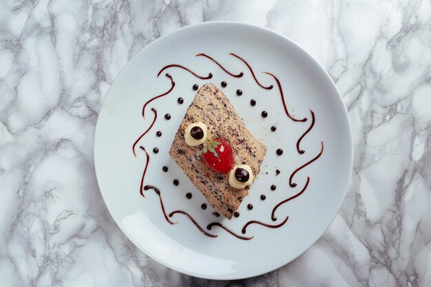 Placa com delicioso bolo na mesa