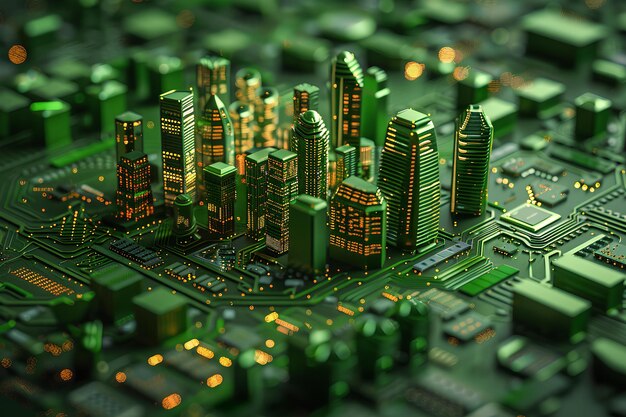 Una placa de computadora con una ciudad en el medio y un montón de luces en ella que son verdes un 3D