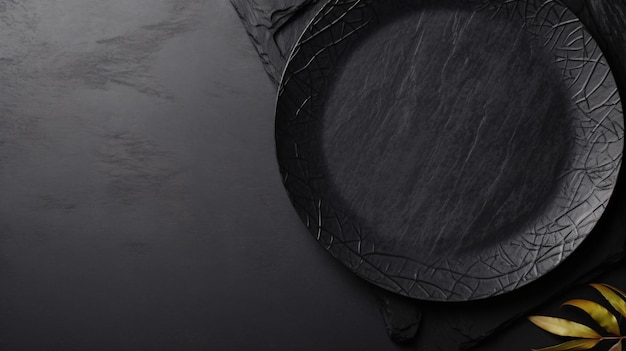 Placa de artesanato preta em pedra escura mesa de cima vista espaço de cópia