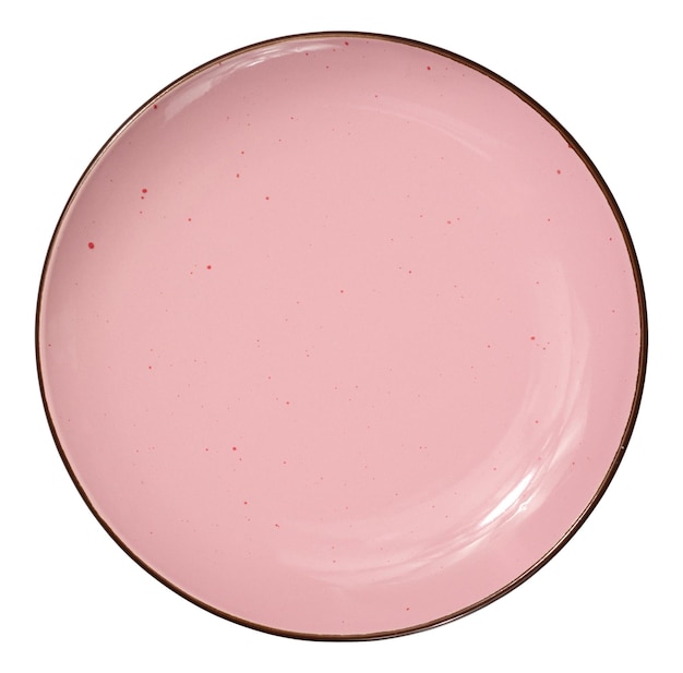 Placa de cerâmica rosa vazia na vista superior do fundo branco isolado