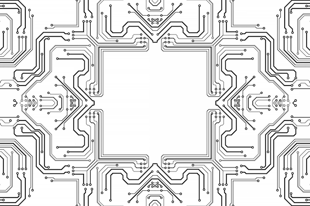 Placa de chip eletrônico. modelo eletrônico de alta tecnologia da placa de circuito impresso, tecnologia digital. chip de computador abstrato da ilustração. microchip monocromático preto, isolado em fundo branco