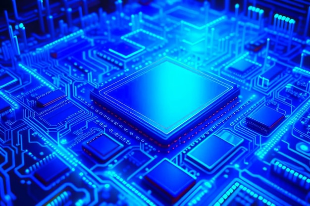Placa de circuito de computador detalhada com trilhas de luz azul