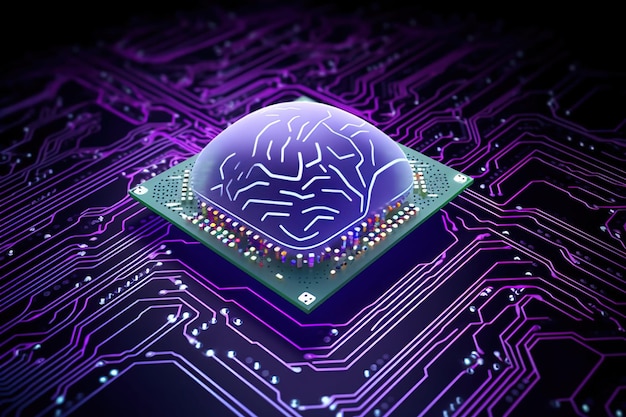 Placa de circuito de cor violeta com um chip AI em forma de cérebro por Inteligência Artificial
