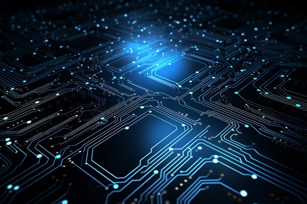 Placa de circuito de tecnologia azul no fundo escuro