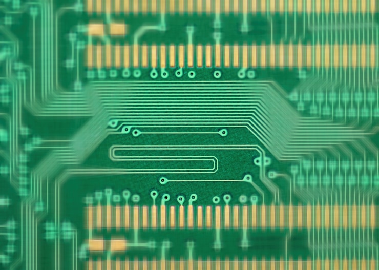 Foto placa de circuito eletrônico close-up. padrão de fundo abstrato.