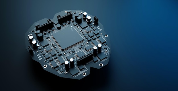 Placa de circuito em forma de cérebro de inteligência artificial com microchips em uma renderização 3D de fundo azul