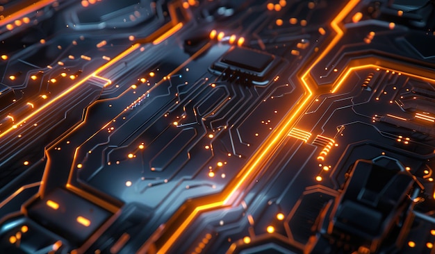 Placa de circuito futurista com luzes laranjas e azuis brilhantes visão detalhada de componentes de tecnologia avançada