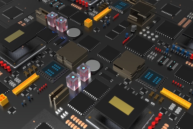 Placa de circuito impresso com microchips, processadores e outras peças de computador