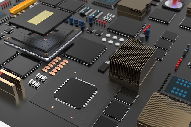 Placa de circuito impresso com microchips, processadores e outras peças de computador