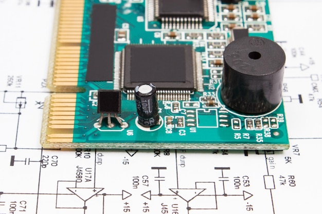 Placa de circuito impresso e diagrama de tecnologia eletrônica