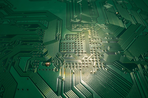 Placa de circuito Placa eletrônica tecnológica com estradas e outros componentes foco seletivo Textura de eletrônica de fundo de tecnologia