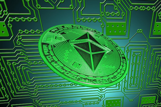 Placa de circuito verde e uma valiosa moeda de éter verde da moeda criptográfica ethereum oblíqua