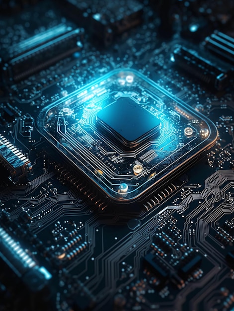 Placa de computador com unidade de processamento central e luzes azuis arte digital gerada por ai generativa ai generativ