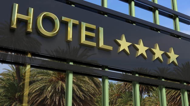 Foto placa de hotel de vidro metálico com texto de quatro estrelas douradas e palmeiras como fundo