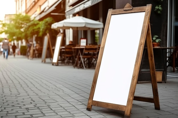 Placa de loja de restaurante em branco ou placas de menu perto da entrada do restaurante Menu de café na rua Placa de quadro-negro na frente de um restaurante Placa de sinalização autônoma Aframe quadro-negro gerado por IA