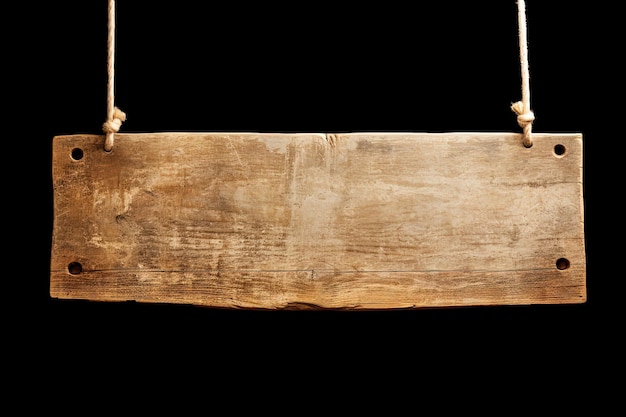 Foto placa de madeira simples pendurada em corda isolada em fundo preto