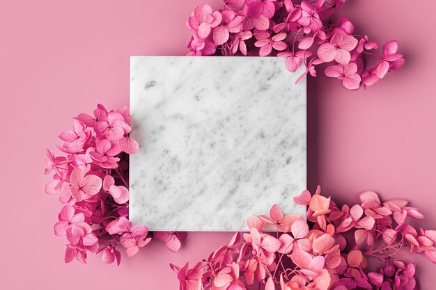 Placa de mármore quadrada em fundo rosa com flores. Fundo elegante para apresentação.