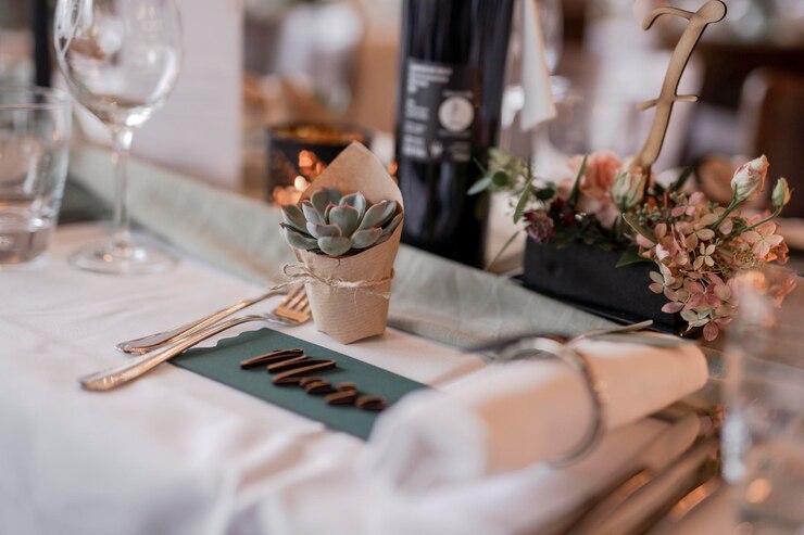 Foto placa de nome de pratos com o nome de um convidado e decoração de estilo rústico na mesa de casamento