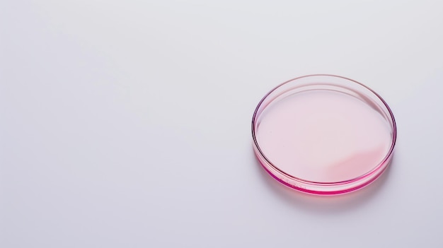 Placa de Petri com líquido rosa em uma superfície branca