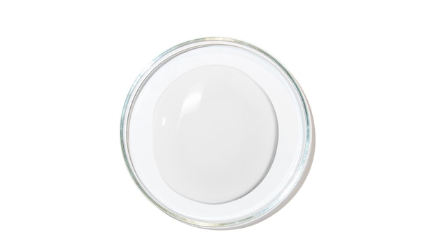 Placa de Petri grandes gotas de gel transparente ou soro ou água em uma vista superior de fundo branco isolada