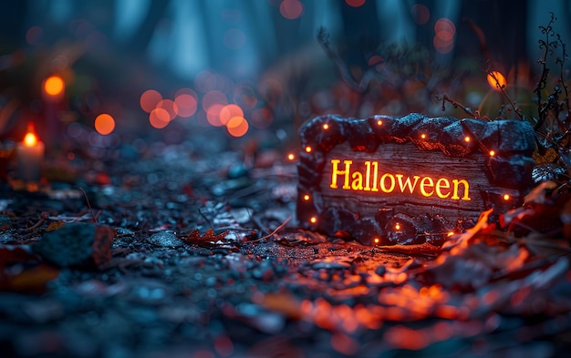 Foto placa de sinalização aterrorizante as palavras halloween no fundo da noite assustadora tema do dia de halloween