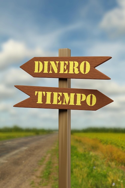 Placa de sinalização com as palavras tempo e dinheiro na ilustração 3d espanhola