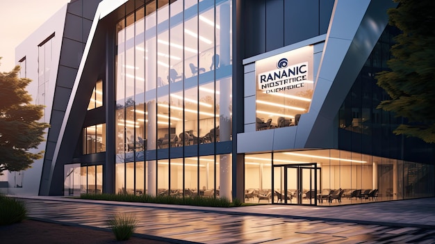 Placa de sinalização da seguradora em moderno edifício de escritórios em renderização 3D de finanças e negócios