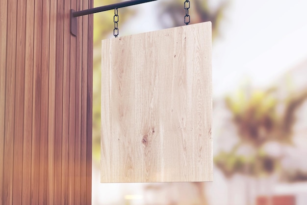 Placa de sinalização de madeira clara pendurada em uma parede de madeira de um edifício. Conceito de promoção. renderização 3D. Brincar. imagem tonificada