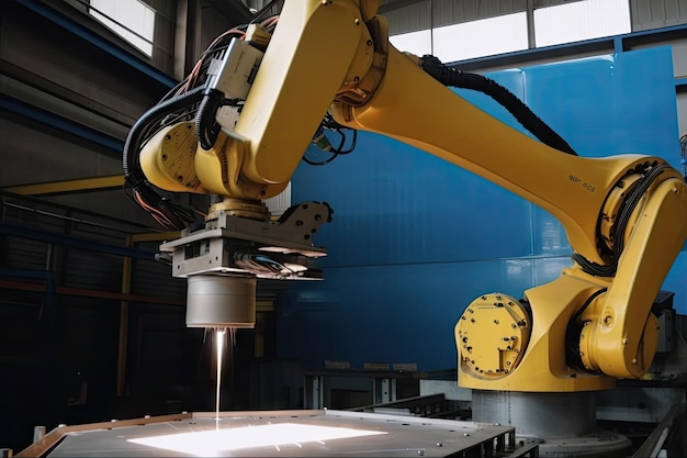 Placa de solda de braço robótico em fábrica criada com IA generativa