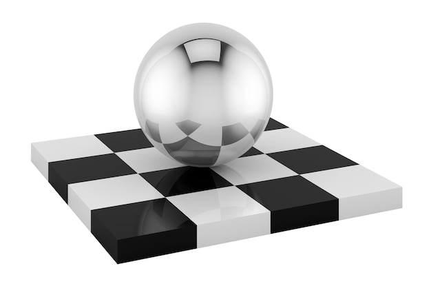 Placa de verificador preto e branco com renderização em 3D de esfera