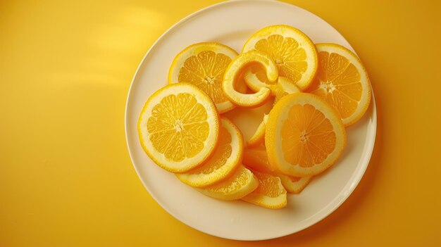 Placa de vitamina C com fatias de laranja em fundo amarelo Apoio imunológico