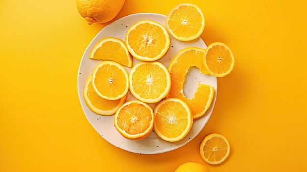 Placa de vitamina c com fatias de laranja em fundo amarelo apoio imunológico