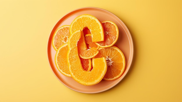 Foto placa de vitamina c com fatias de laranja em fundo amarelo apoio imunológico