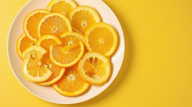 Foto placa de vitamina c com fatias de laranja em fundo amarelo apoio imunológico
