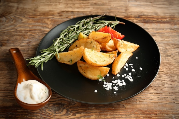 Placa con deliciosas rodajas de papa al horno y salsa en la mesa