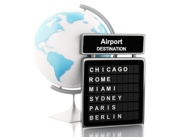 Placa do aeroporto 3d e globo do mundo.