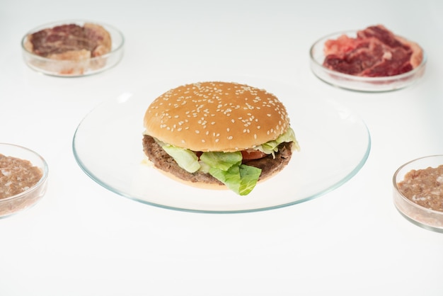 Placa con hamburguesa de pie en la mesa entre cuatro placas de Petri con varias muestras de carne vegetal cruda en el laboratorio de control de calidad de los alimentos