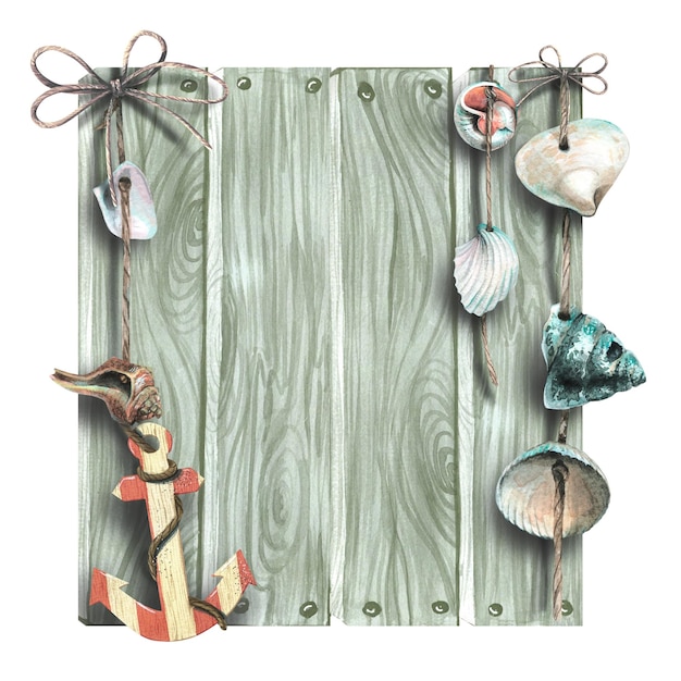 Placa de madera con ancla y conchas cuadrada Ilustración acuarela Para la decoración y diseño de un chiringuito complementos marinos carteles de verano menús pancartas informativas