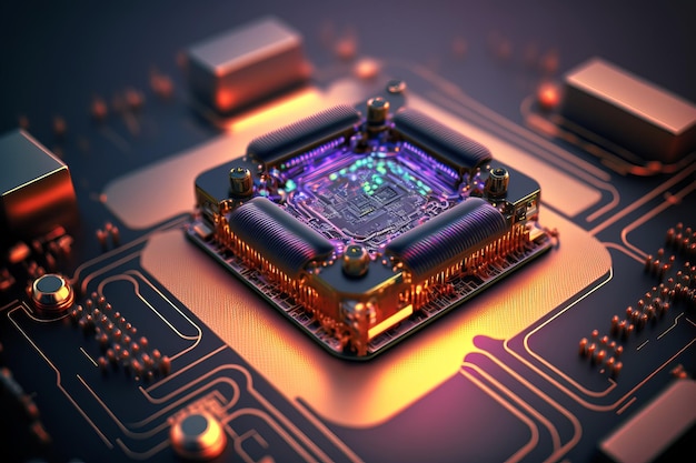 Placa-mãe com circuitos eletrônicos e CPU com estruturas de neon brilhantes Tecnologias cibernéticas abstratas Ilustração generativa de IA