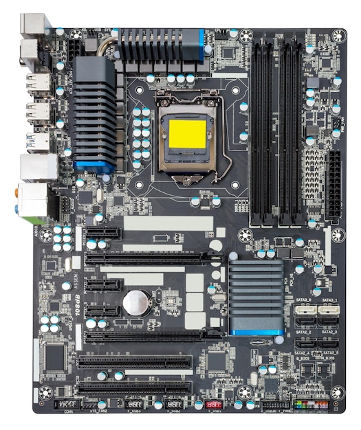 Foto placa-mãe de computador isolada em fundo branco sem cooler de cpu